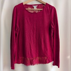Sundance Lace Linen Red Raspberry Pullover Top With Sheer Lace Back - M